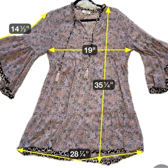 Umgee Leopard Trim Floral Boho Dress Tassel Tie 3/4 Sleeve Cottagecore Large - Picture 6 of 8